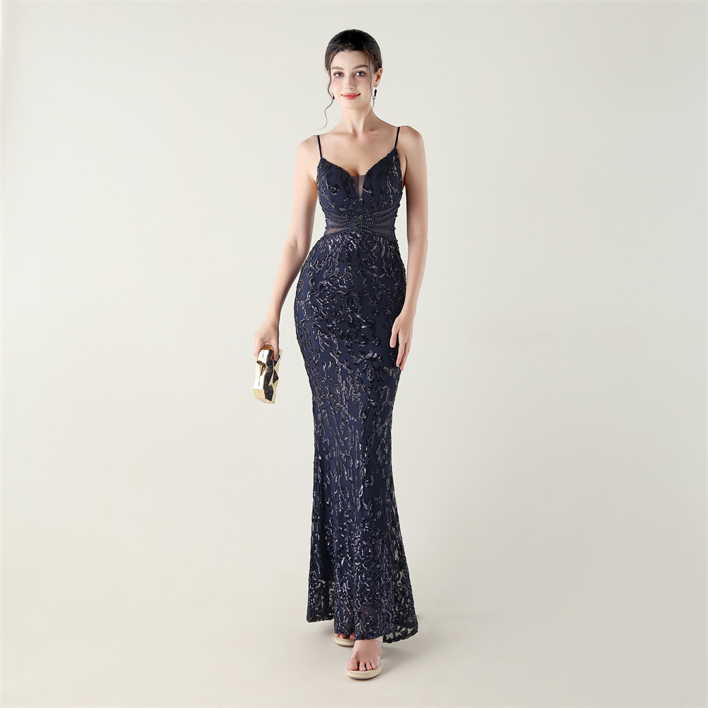 Sequins medium waist hollow slim V-neck evening dress