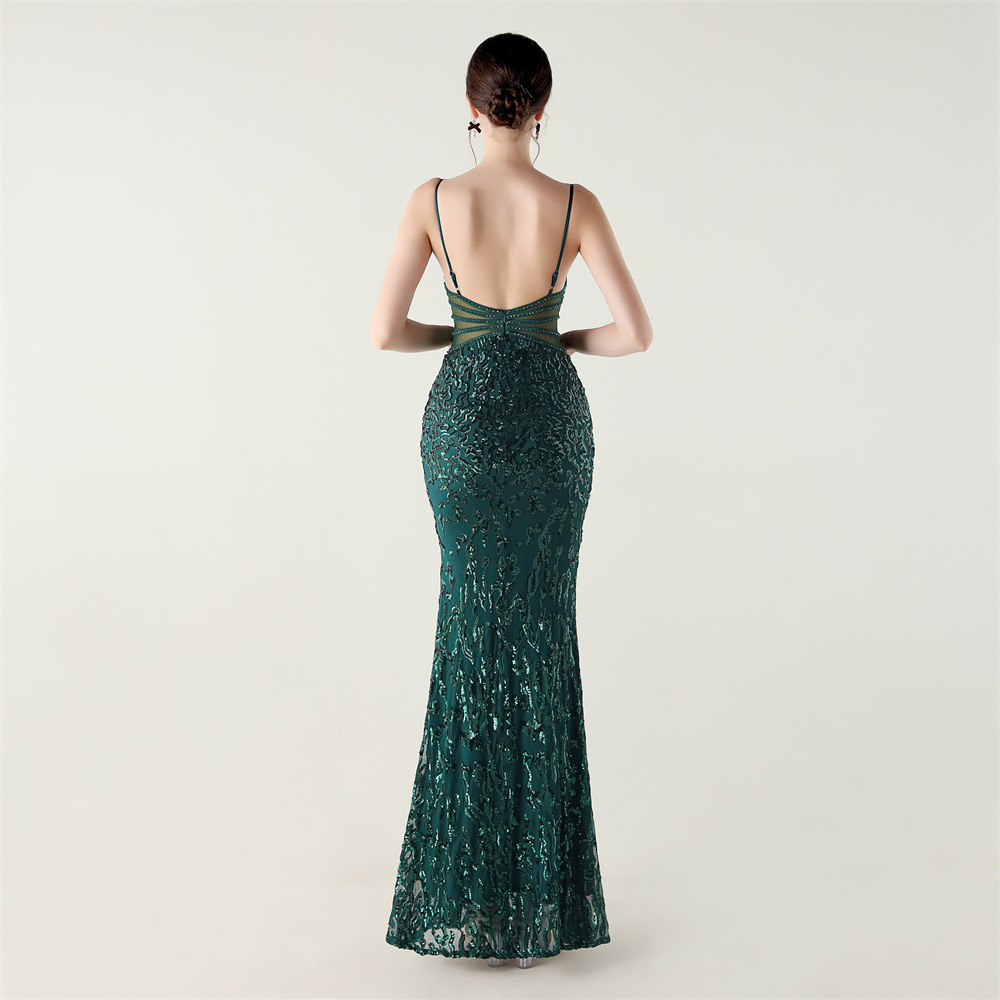 Sequins medium waist hollow slim V-neck evening dress