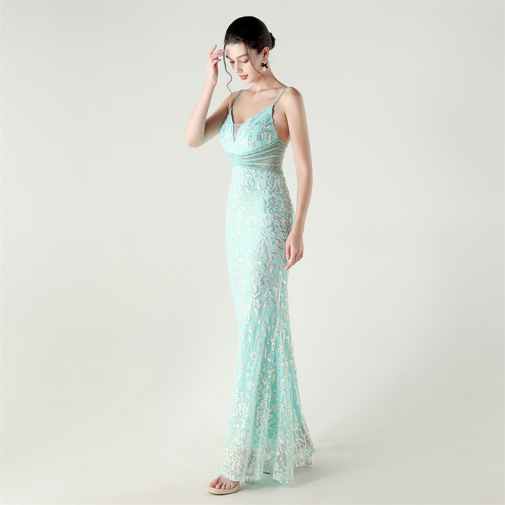 Sequins medium waist hollow slim V-neck evening dress