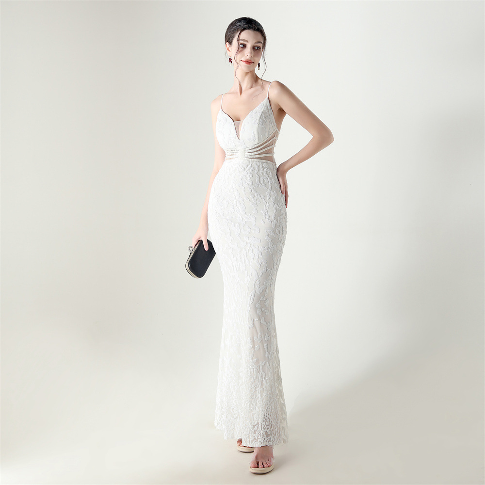 Sequins medium waist hollow slim V-neck evening dress