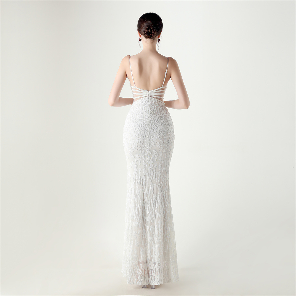Sequins medium waist hollow slim V-neck evening dress