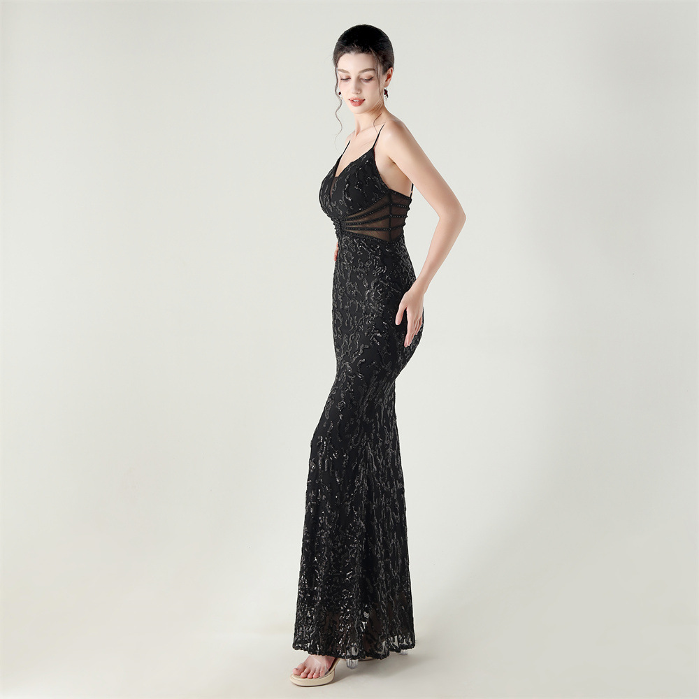 Sequins medium waist hollow slim V-neck evening dress
