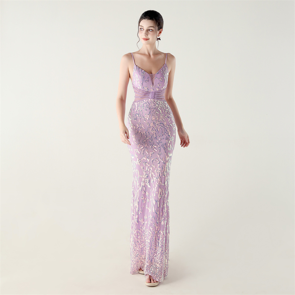 Sequins medium waist hollow slim V-neck evening dress
