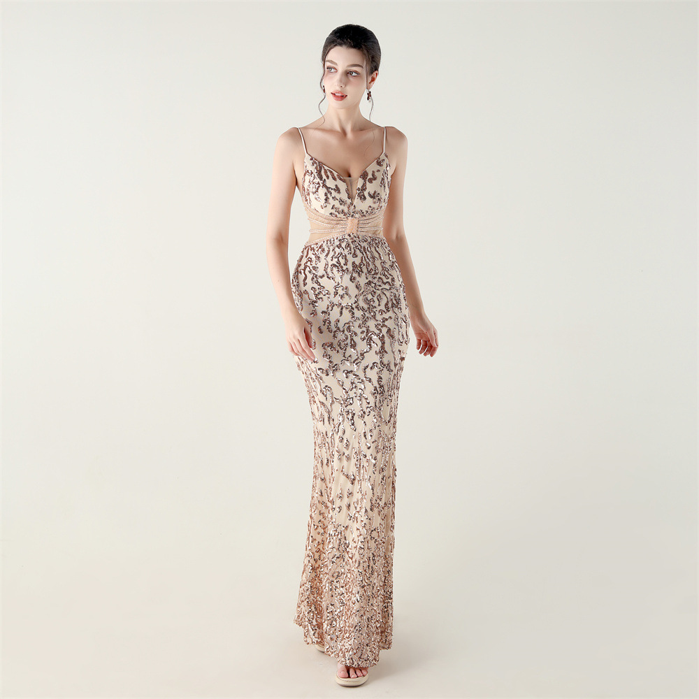 Sequins medium waist hollow slim V-neck evening dress