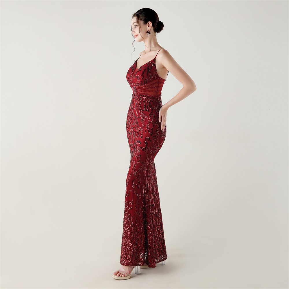 Sequins medium waist hollow slim V-neck evening dress