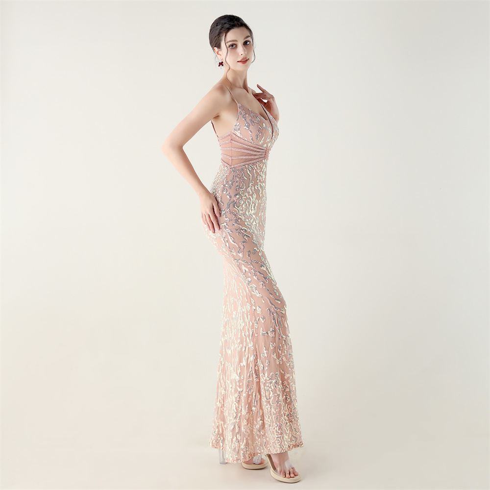 Sequins medium waist hollow slim V-neck evening dress