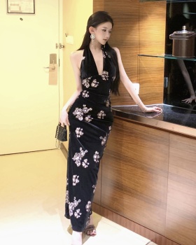 Sexy halter France style strap dress velvet black dress