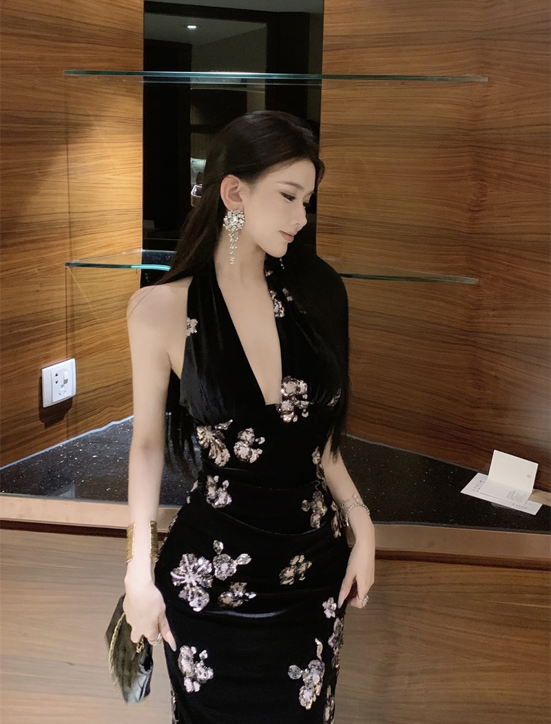 Sexy halter France style strap dress velvet black dress