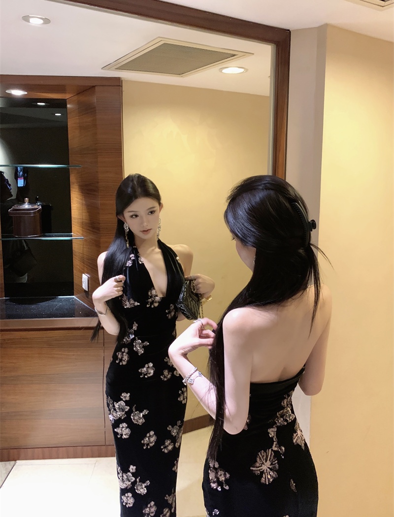 Sexy halter France style strap dress velvet black dress