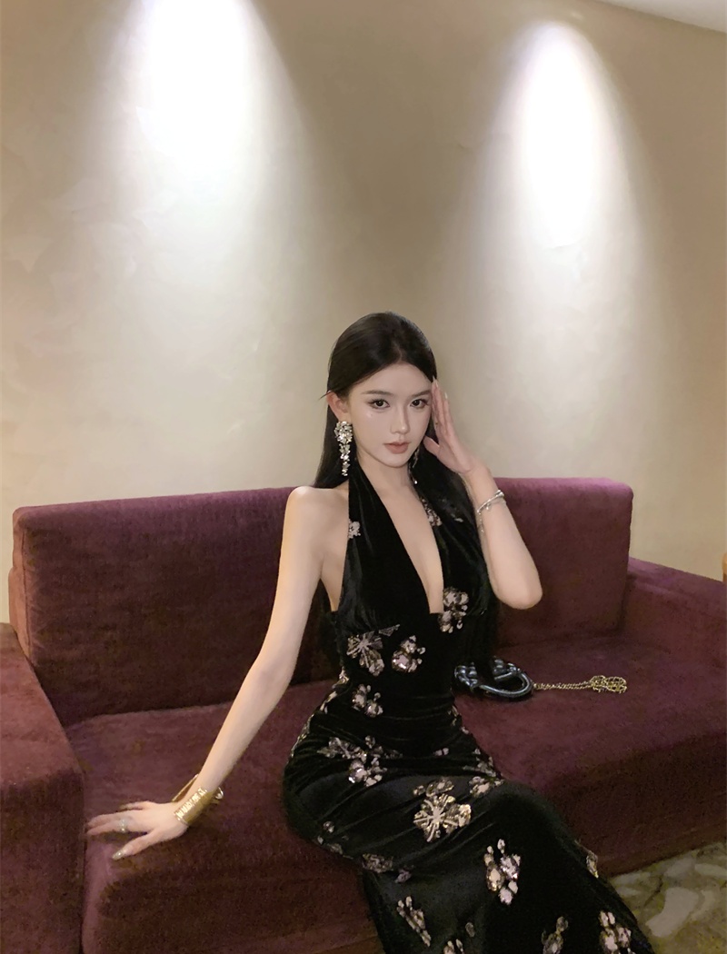 Sexy halter France style strap dress velvet black dress