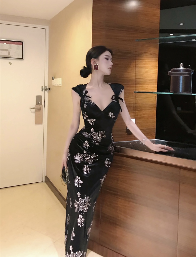 Sequins package hip cheongsam embroidery dress