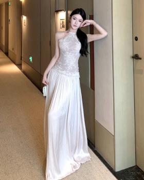 Pinched waist lace dress sling splice long dress for women