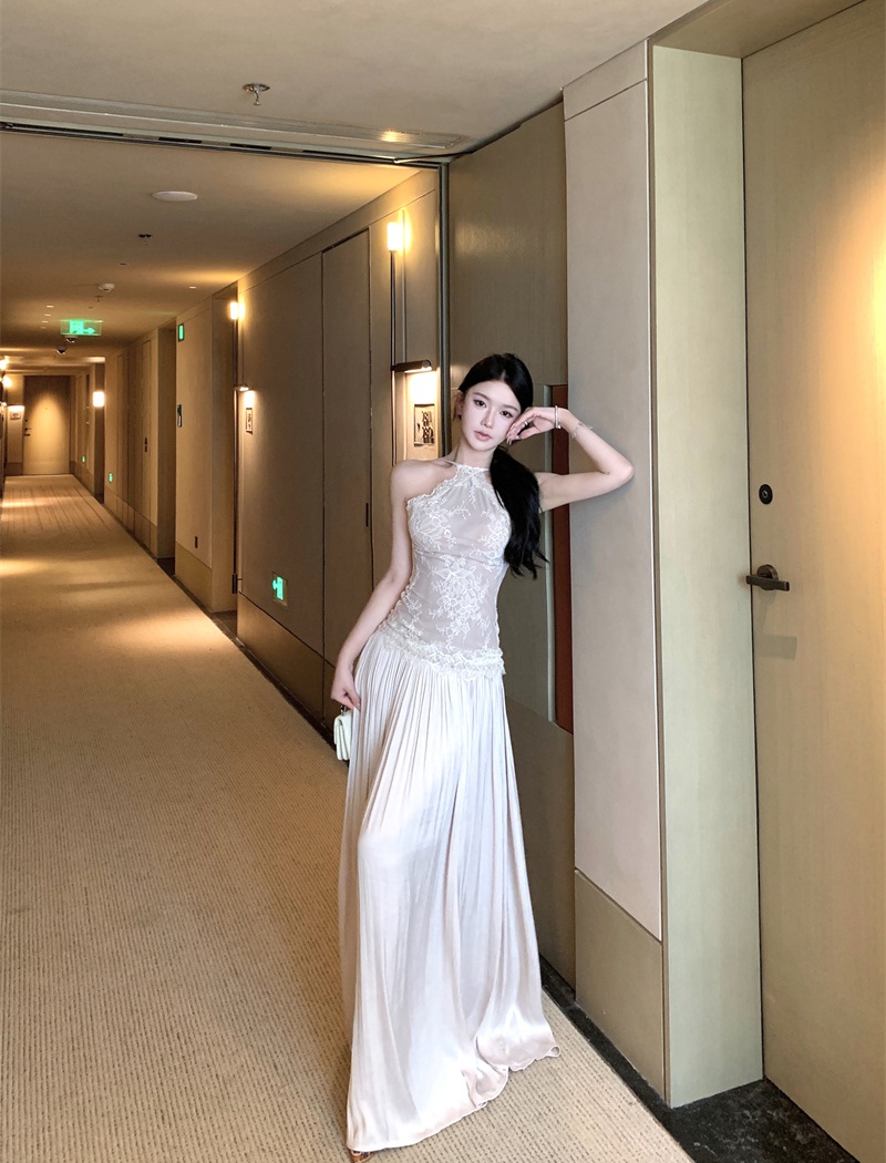 Pinched waist lace dress sling splice long dress for women