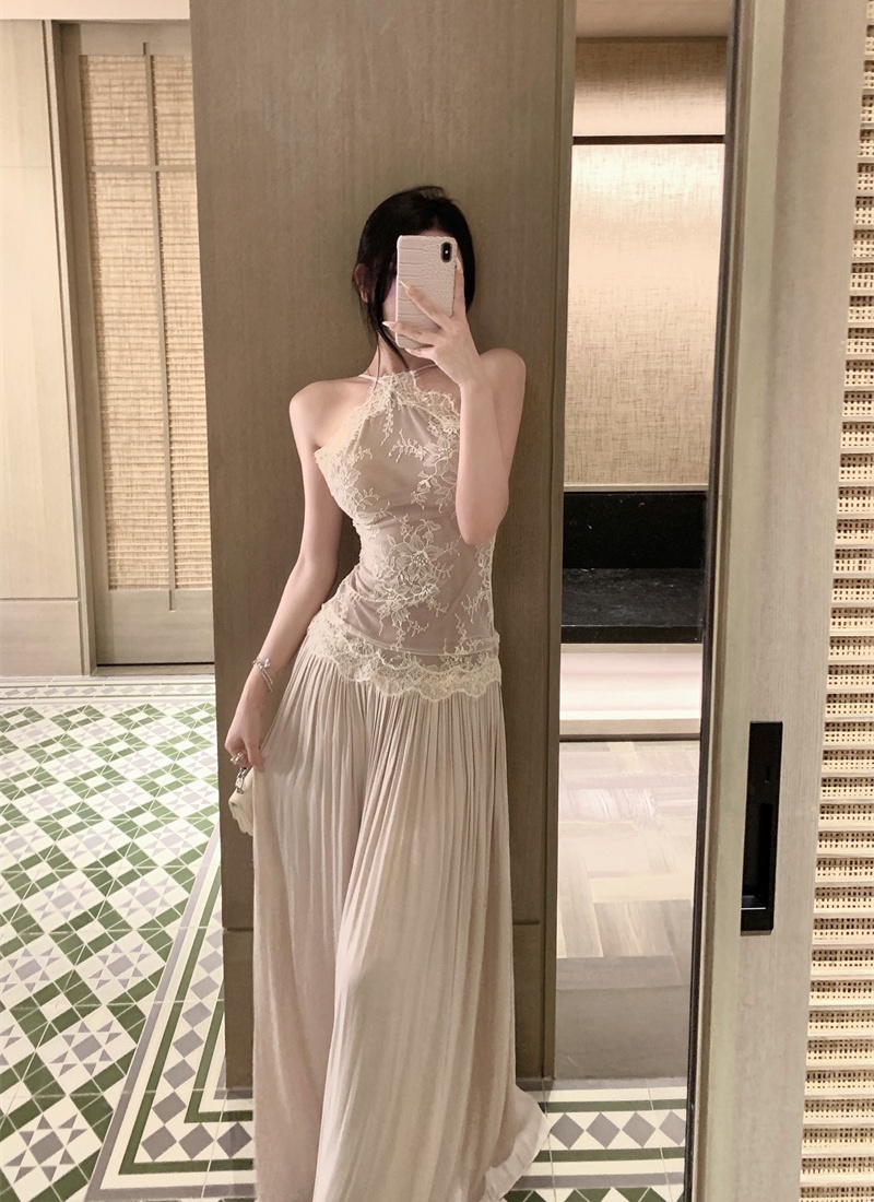 Pinched waist lace dress sling splice long dress for women