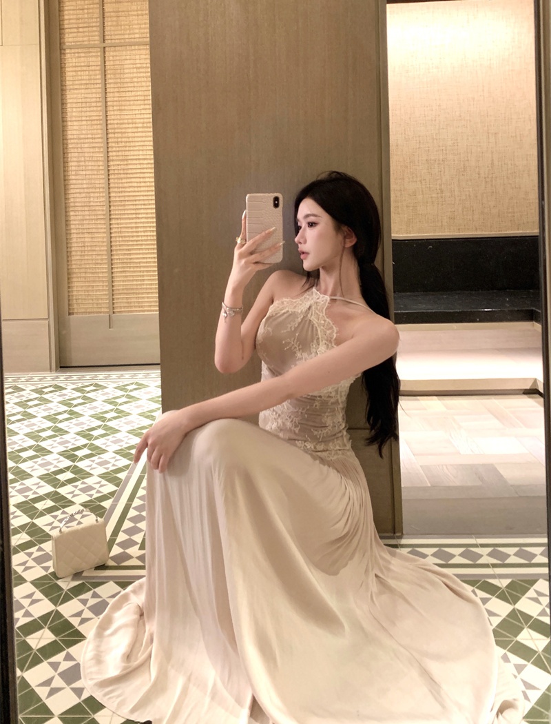 Pinched waist lace dress sling splice long dress for women