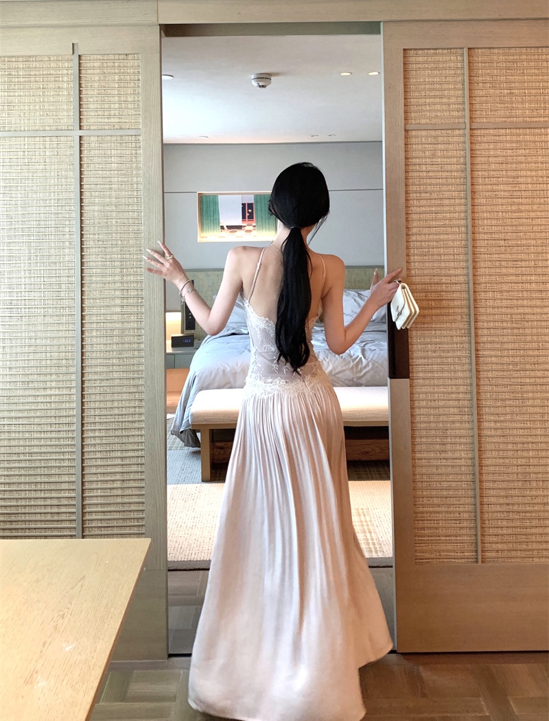 Pinched waist lace dress sling splice long dress for women