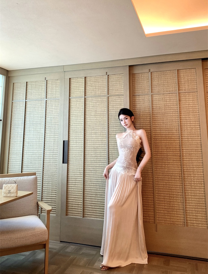 Pinched waist lace dress sling splice long dress for women