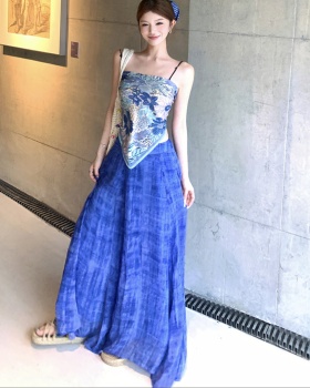 Blue printing wear wide leg pants blooming sling scarves