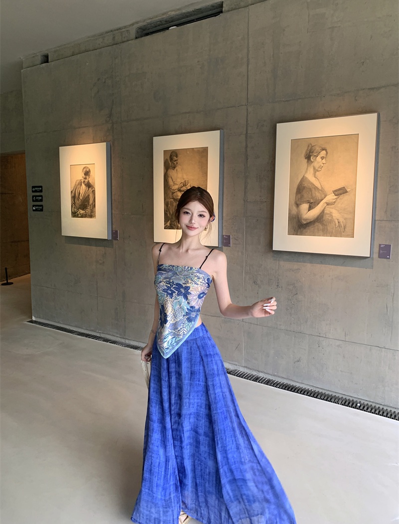 Blue printing wear wide leg pants blooming sling scarves