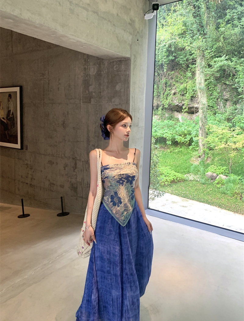 Blue printing wear wide leg pants blooming sling scarves