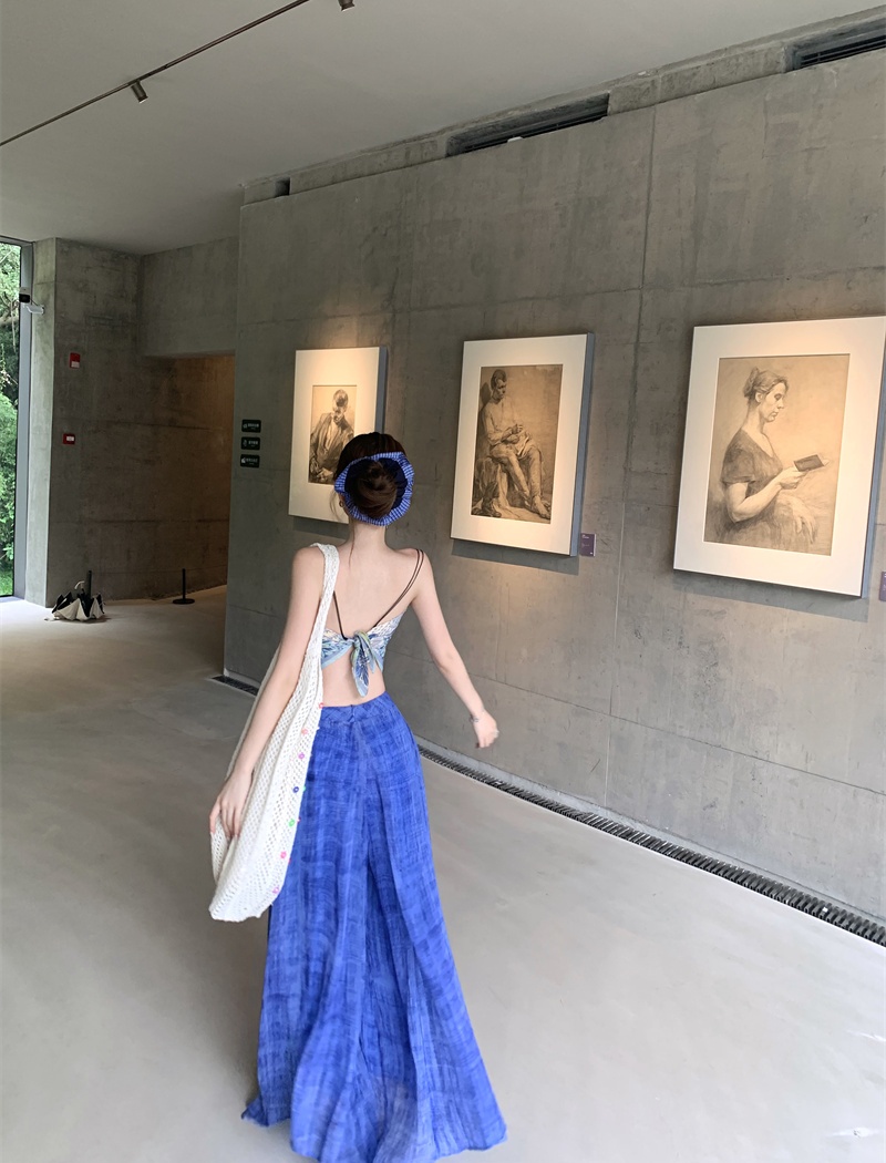 Blue printing wear wide leg pants blooming sling scarves