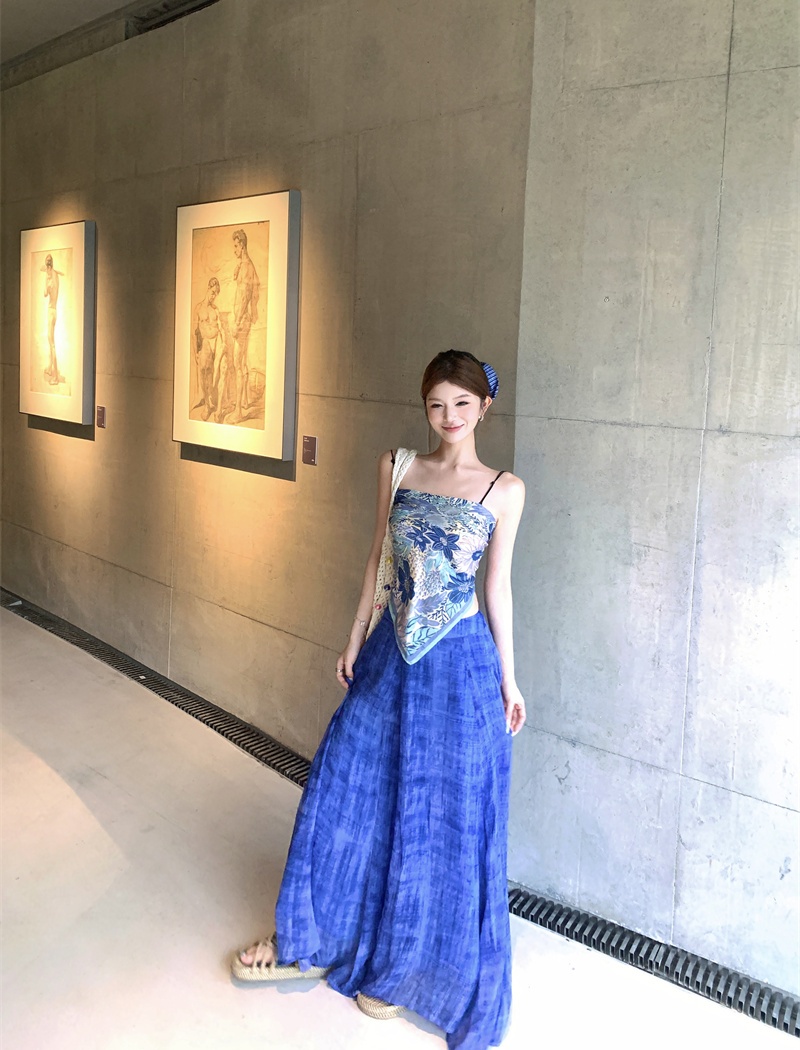 Blue printing wear wide leg pants blooming sling scarves