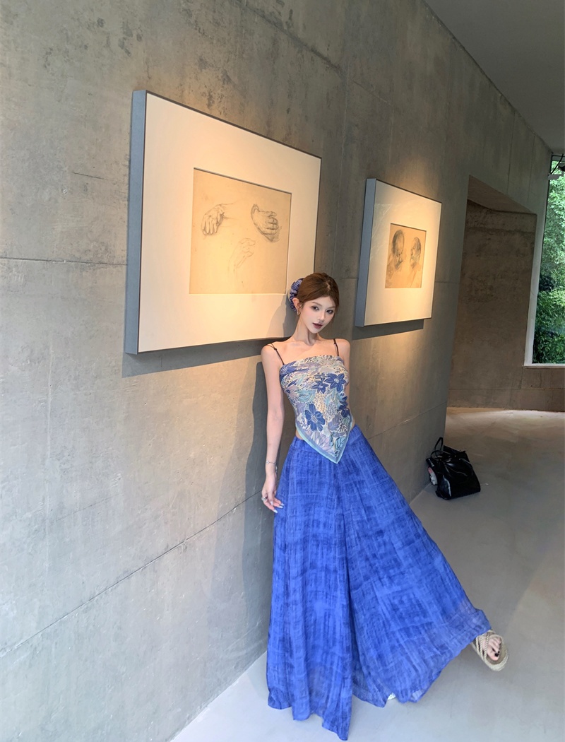 Blue printing wear wide leg pants blooming sling scarves