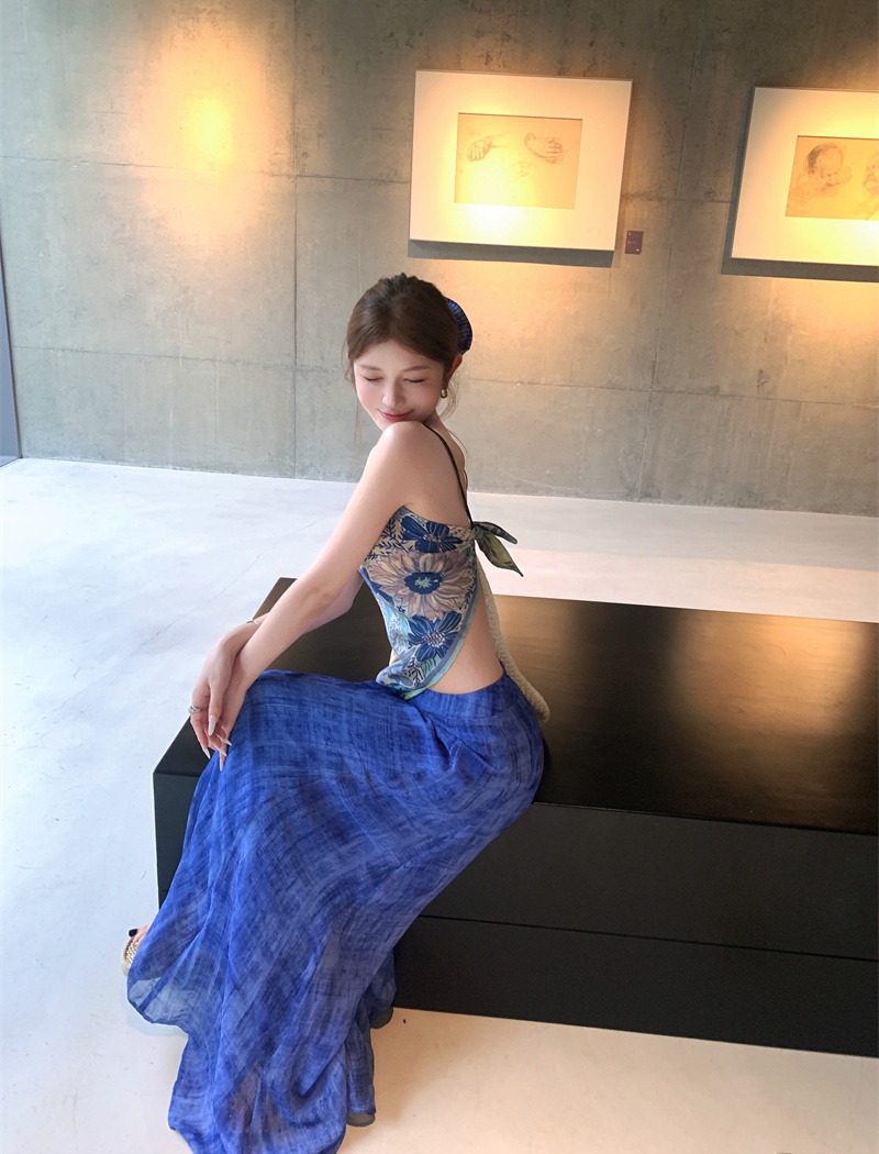 Blue printing wear wide leg pants blooming sling scarves