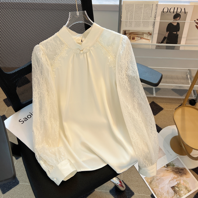 Satin Chinese style small shirt cstand collar splice shirt