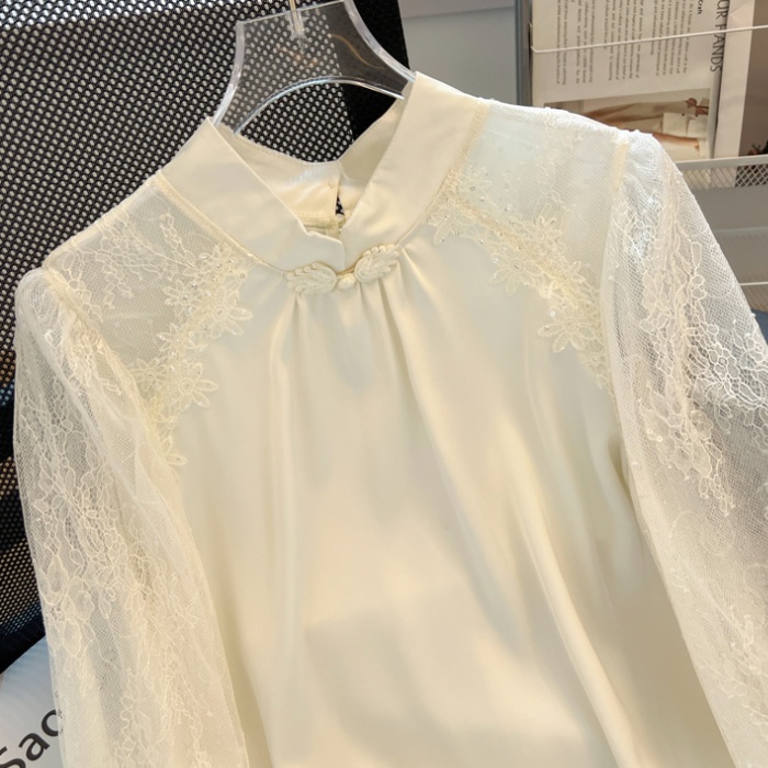 Satin Chinese style small shirt cstand collar splice shirt