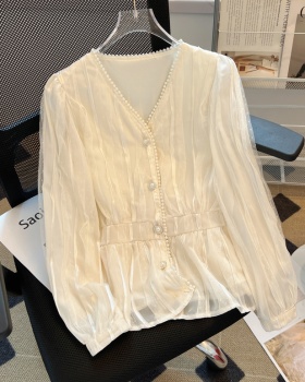 Short lace autumn small shirt V-neck chiffon shirt