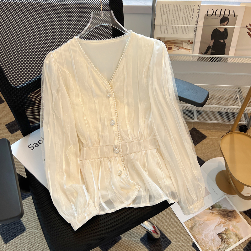 Short lace autumn small shirt V-neck chiffon shirt