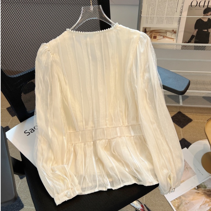 Short lace autumn small shirt V-neck chiffon shirt