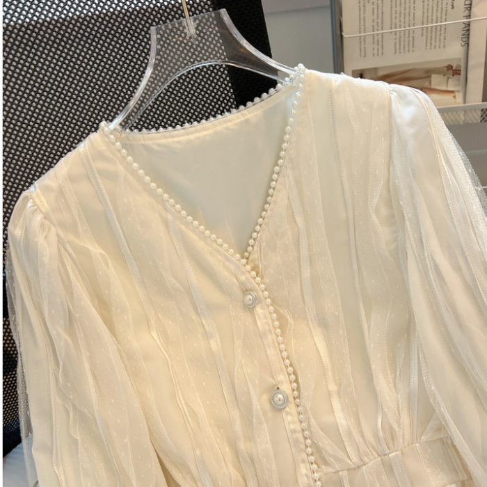 Short lace autumn small shirt V-neck chiffon shirt