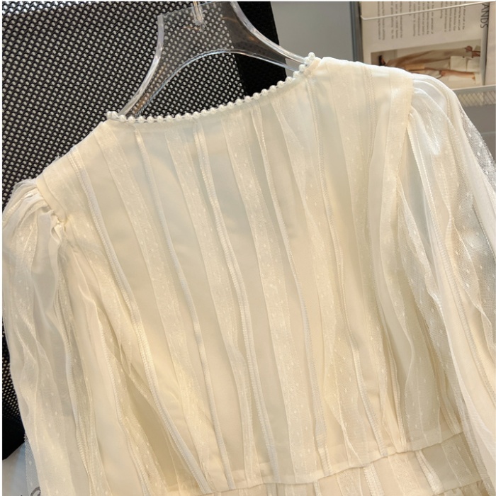 Short lace autumn small shirt V-neck chiffon shirt