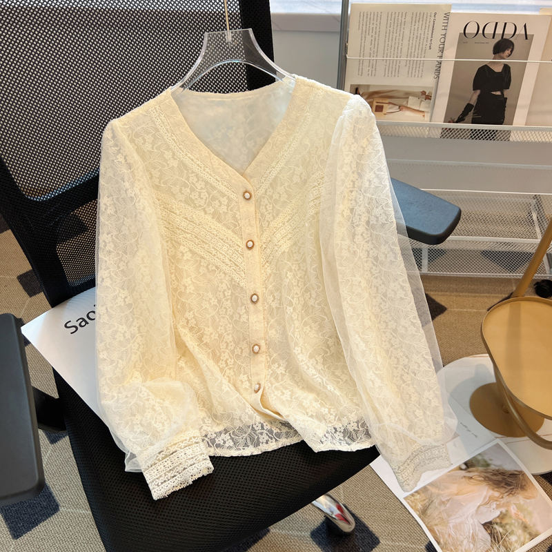 France style lace autumn shirt V-neck profession chiffon tops
