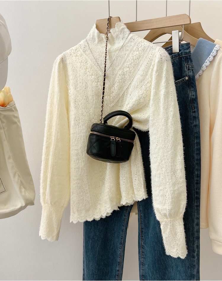 Lace autumn tops half high collar small shirt for women