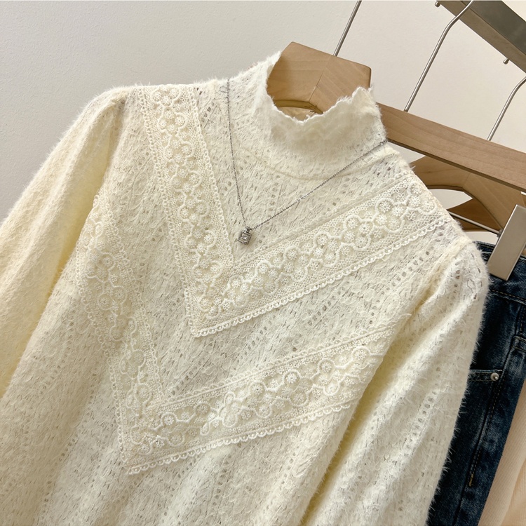 Lace autumn tops half high collar small shirt for women