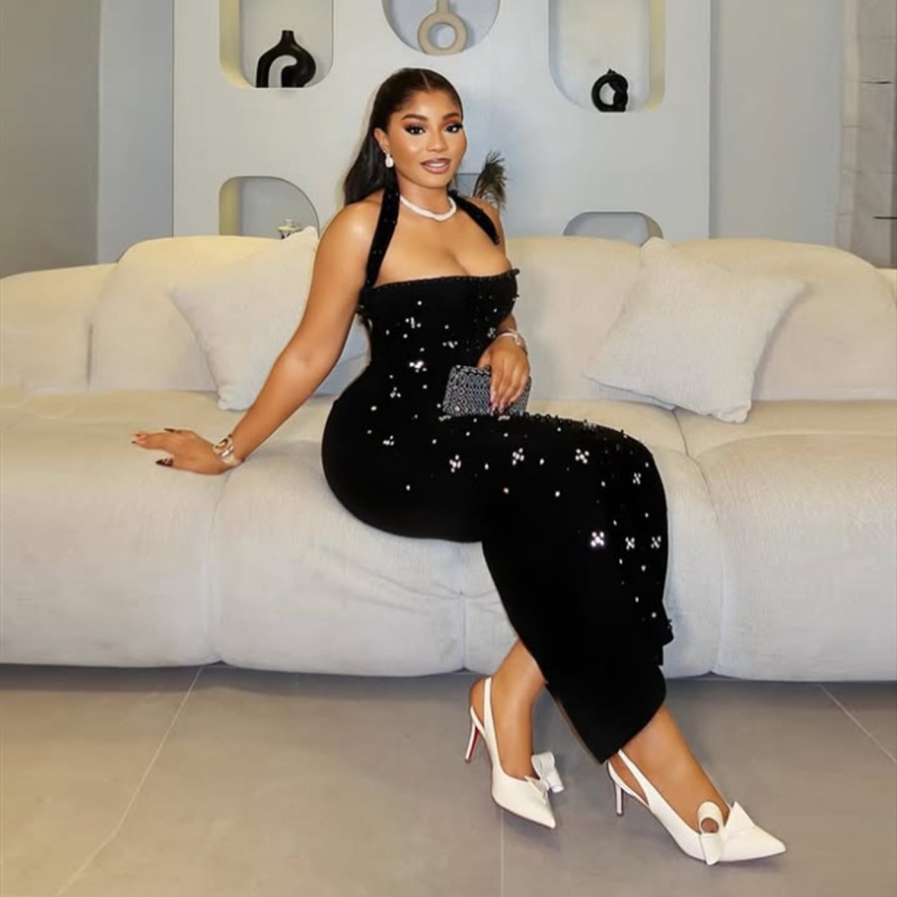 Slim package hip rhinestone halter dress for women