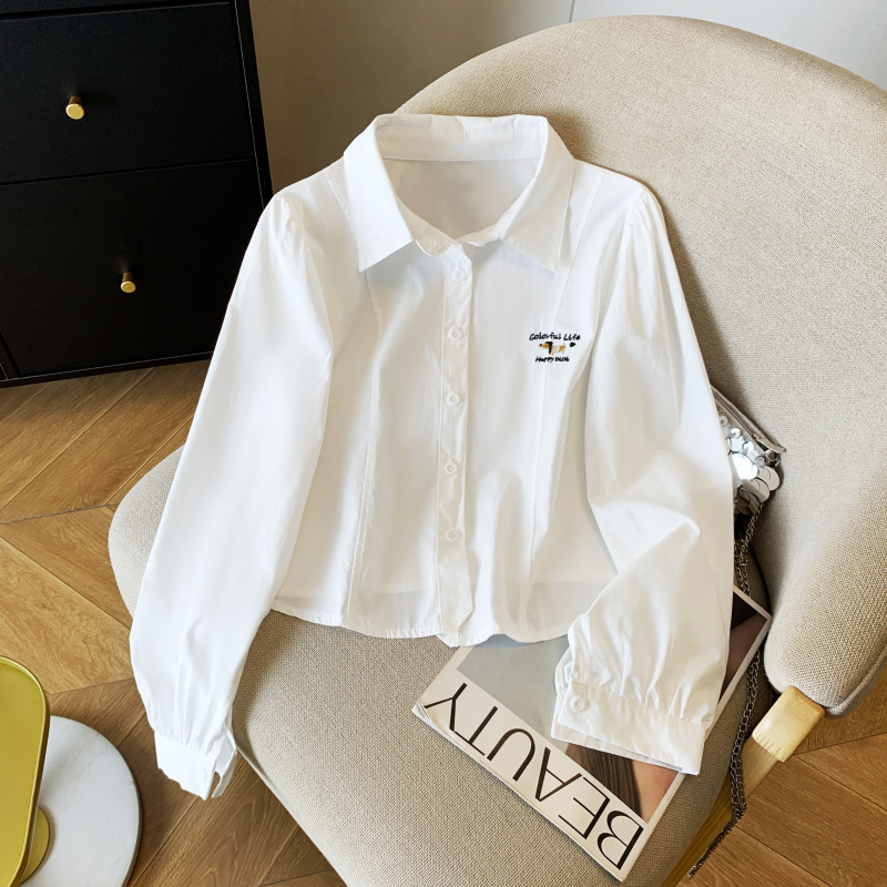 Short embroidery tops college style collar puppy shirt