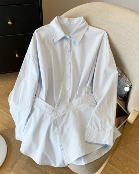 Pinched waist niche tops pure cotton shirt 2pcs set