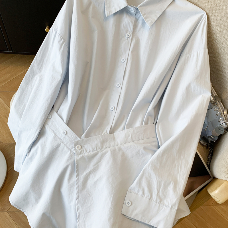 Pinched waist niche tops pure cotton shirt 2pcs set