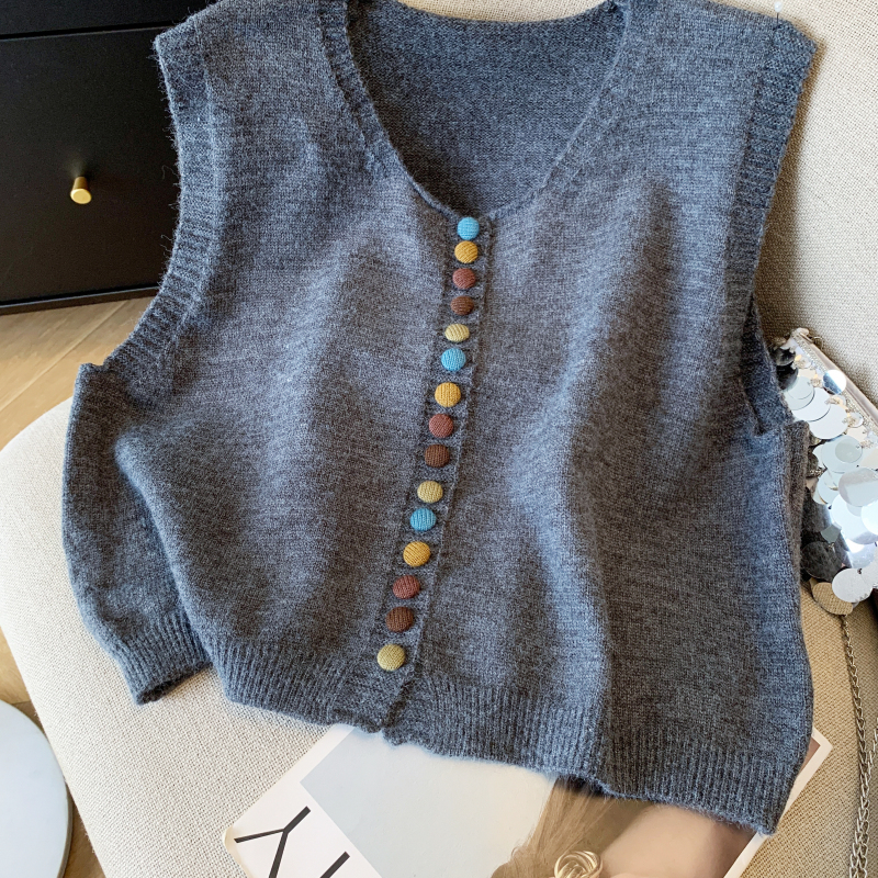 Knitted Casual tops buckle retro waistcoat for women
