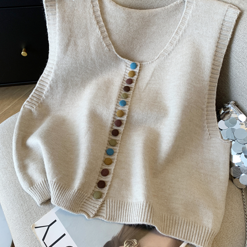 Knitted Casual tops buckle retro waistcoat for women