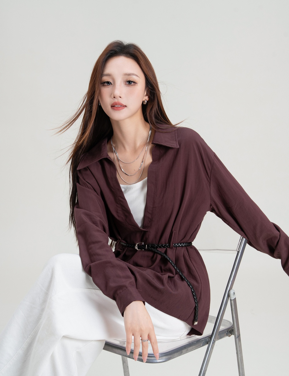 Long sleeve Korean style vest simple shirt 3pcs set for women