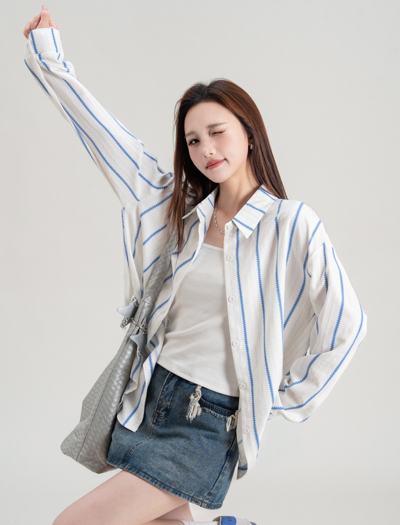 Simple stripe tops autumn outside the ride shirt for women