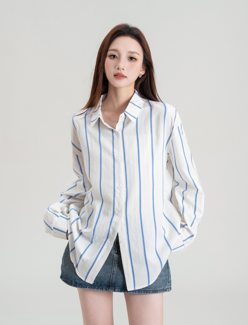 Simple stripe tops autumn outside the ride shirt for women