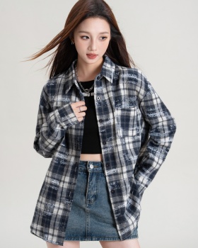 Casual graffiti long sleeve shirt plaid loose tops for women