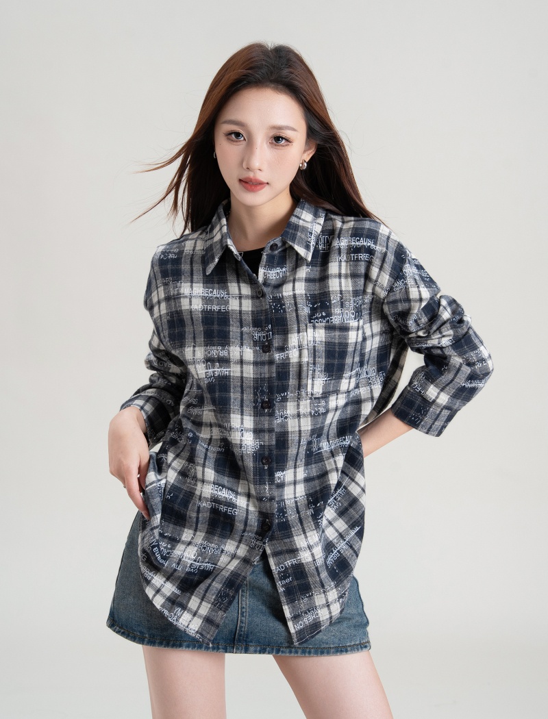 Casual graffiti long sleeve shirt plaid loose tops for women