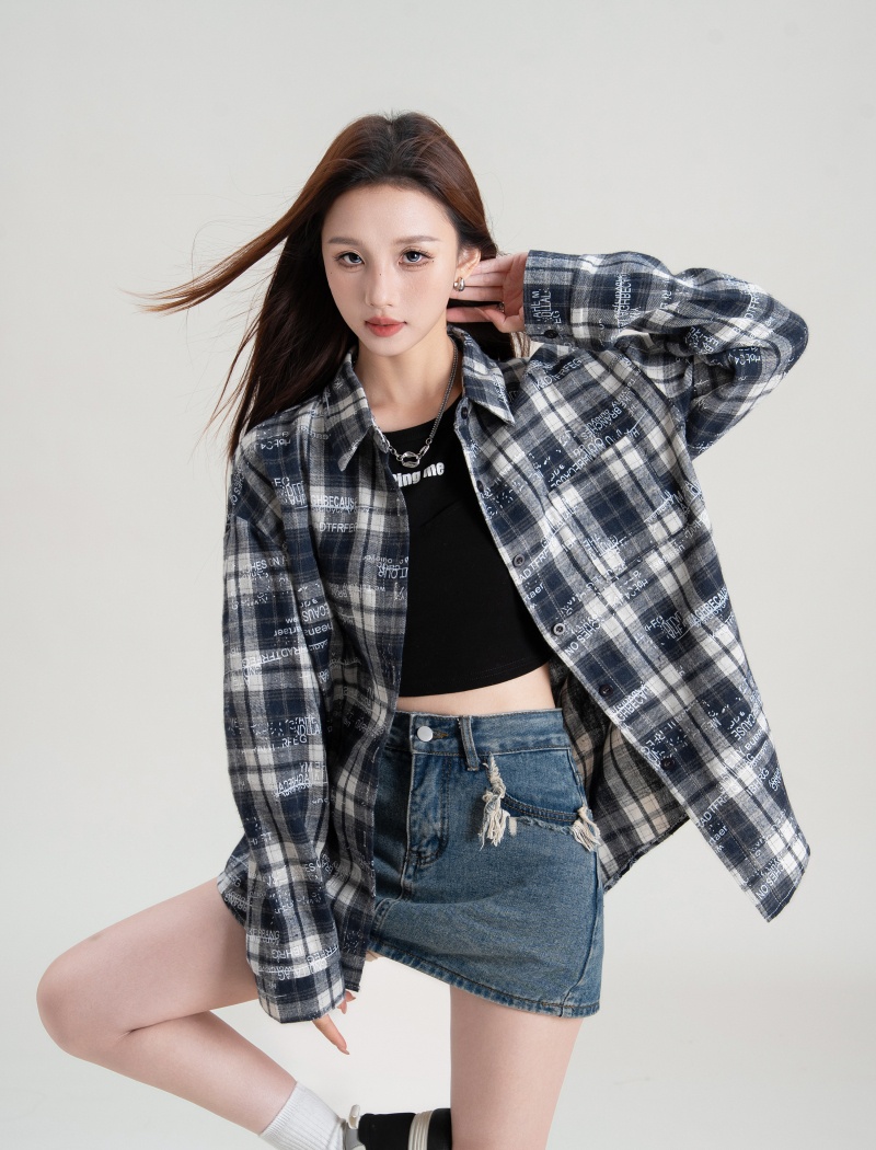 Casual graffiti long sleeve shirt plaid loose tops for women
